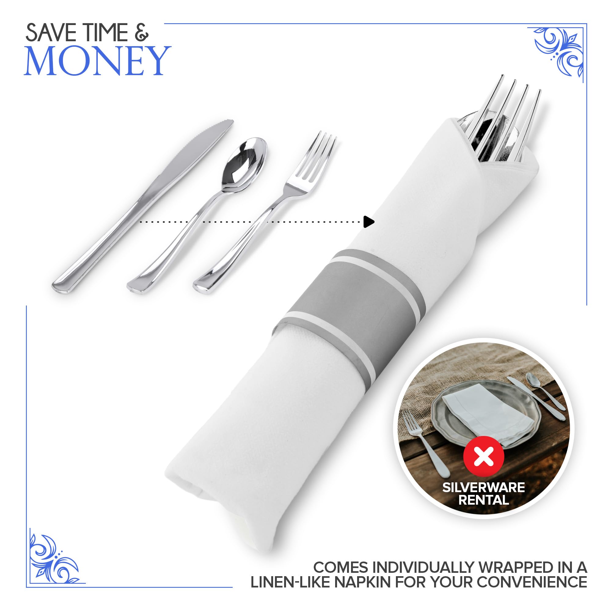 Foto 4 pulgar | Juego De Cubiertos Stock Your Home  Paquete De 100 Unidades  De Plástico Plateado Y Servilletas - Venta Internacional.