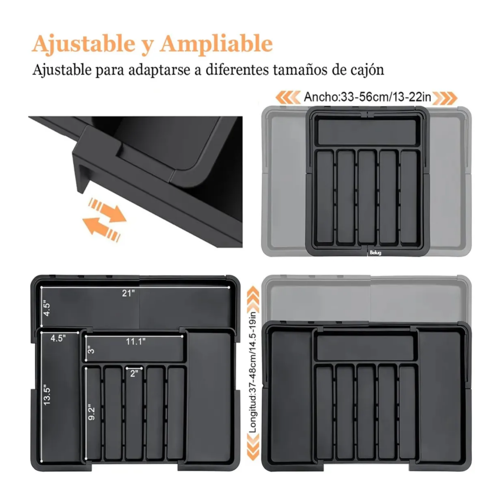 Foto 5 pulgar | Bandeja Extensible Para Cajones De Cocina 9 Compartimentos Belug  Negro Gris