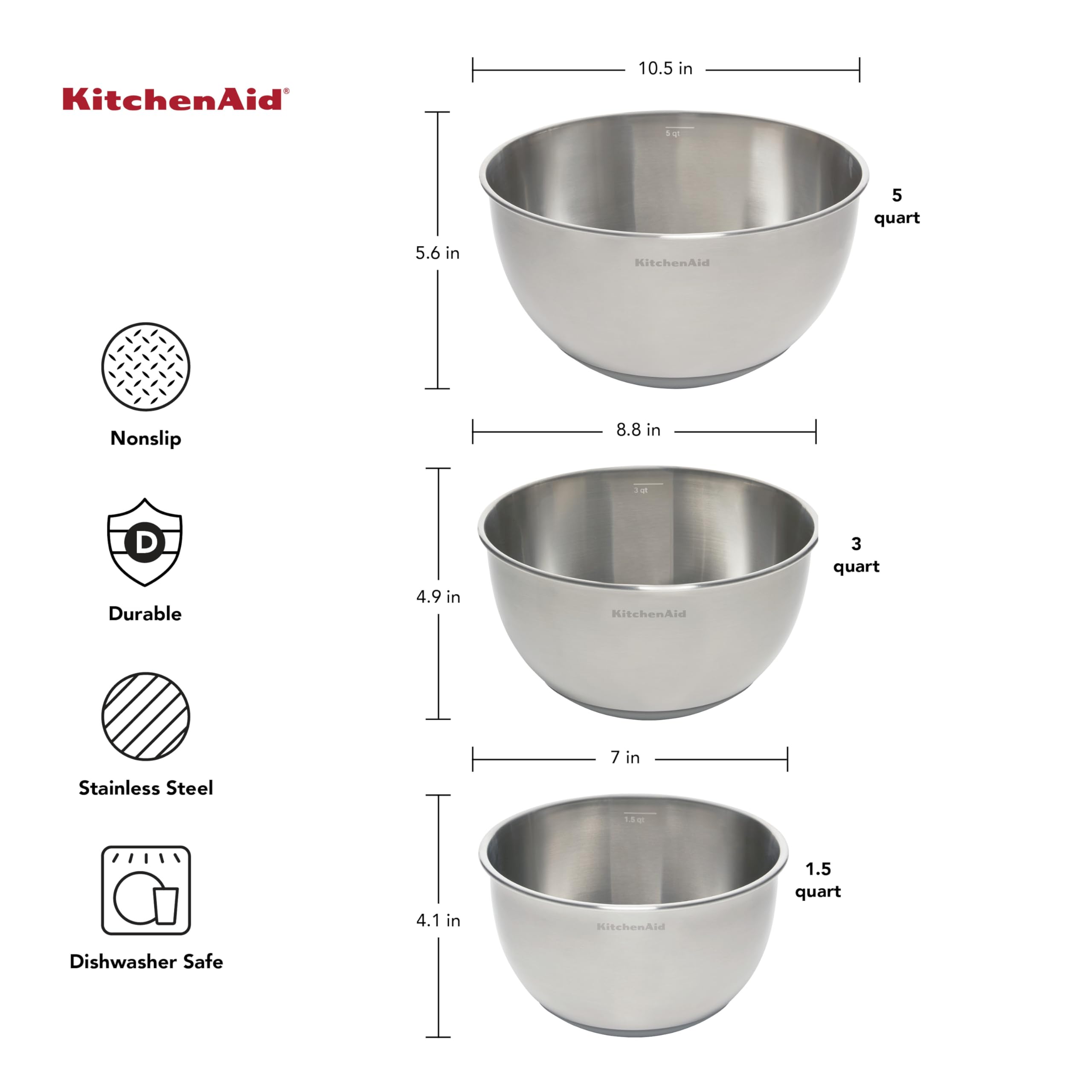 Foto 3 pulgar | Cuencos Para Mezclar Kitchenaid De Acero Inoxidable, Juego De 3 - Venta Internacional.