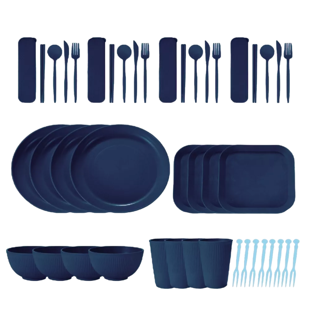 Vajilla De 36 Pzs Juego Cocina Paja Trigo Ecológico Azul