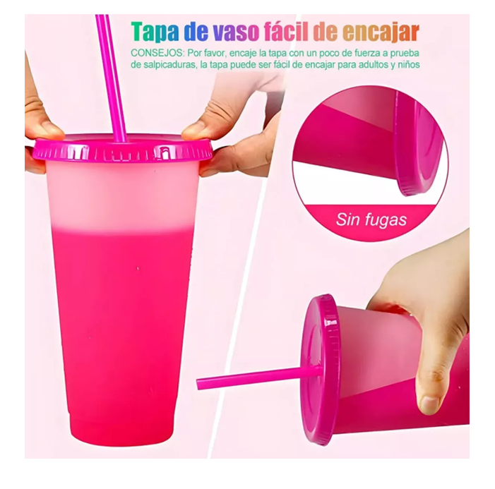 Foto 4 pulgar | Vasos Magicos Cambian De Color Con Tapa Y Popote 710ml 10pzs Wünd