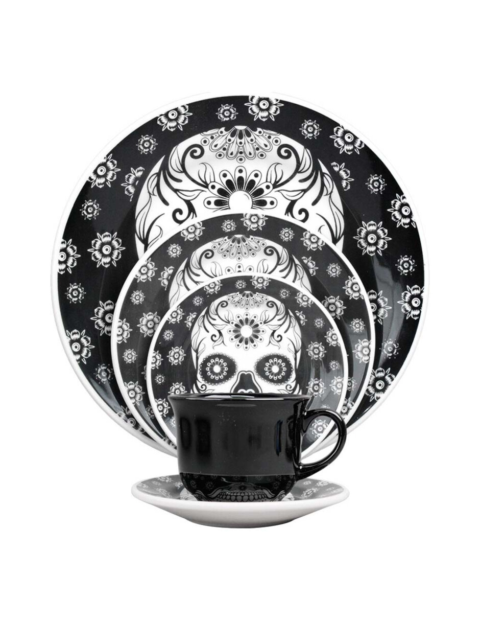 Vajilla Decorada De Cerámica Calavera Vencort 20 Piezas 4 Personas