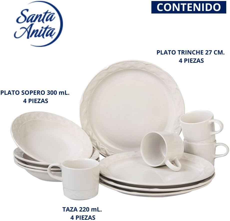 Foto 8 pulgar | Vajilla De Porcelana Santa Anita Vinafera Blanch De 12 Piezas Color Blanco