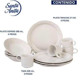 Foto 7 | Vajilla De Porcelana Santa Anita Vinafera Blanch De 12 Piezas Color Blanco