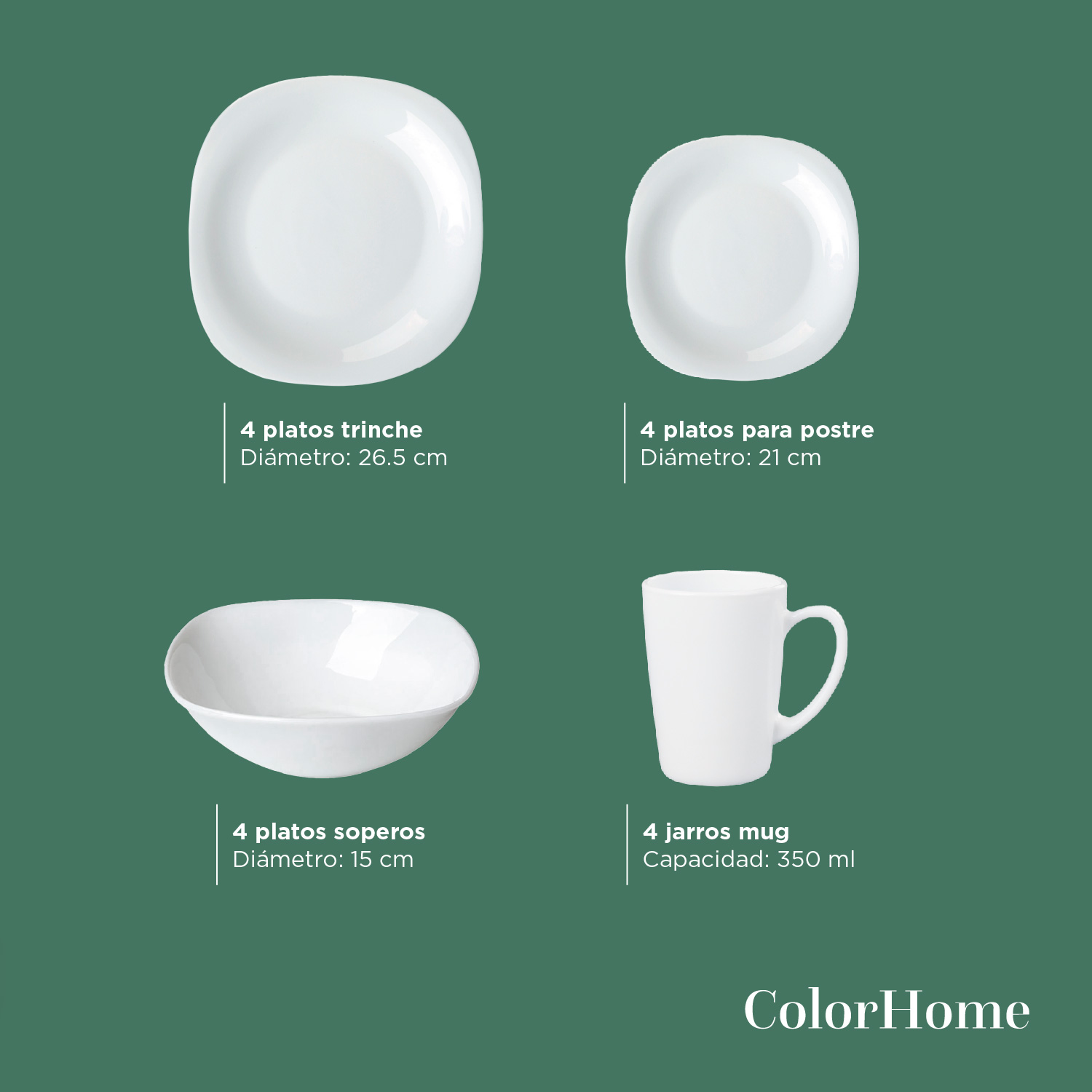 Foto 4 | Vajilla Opal ColorHome Cuadrada para 4 Personas 16 Piezas