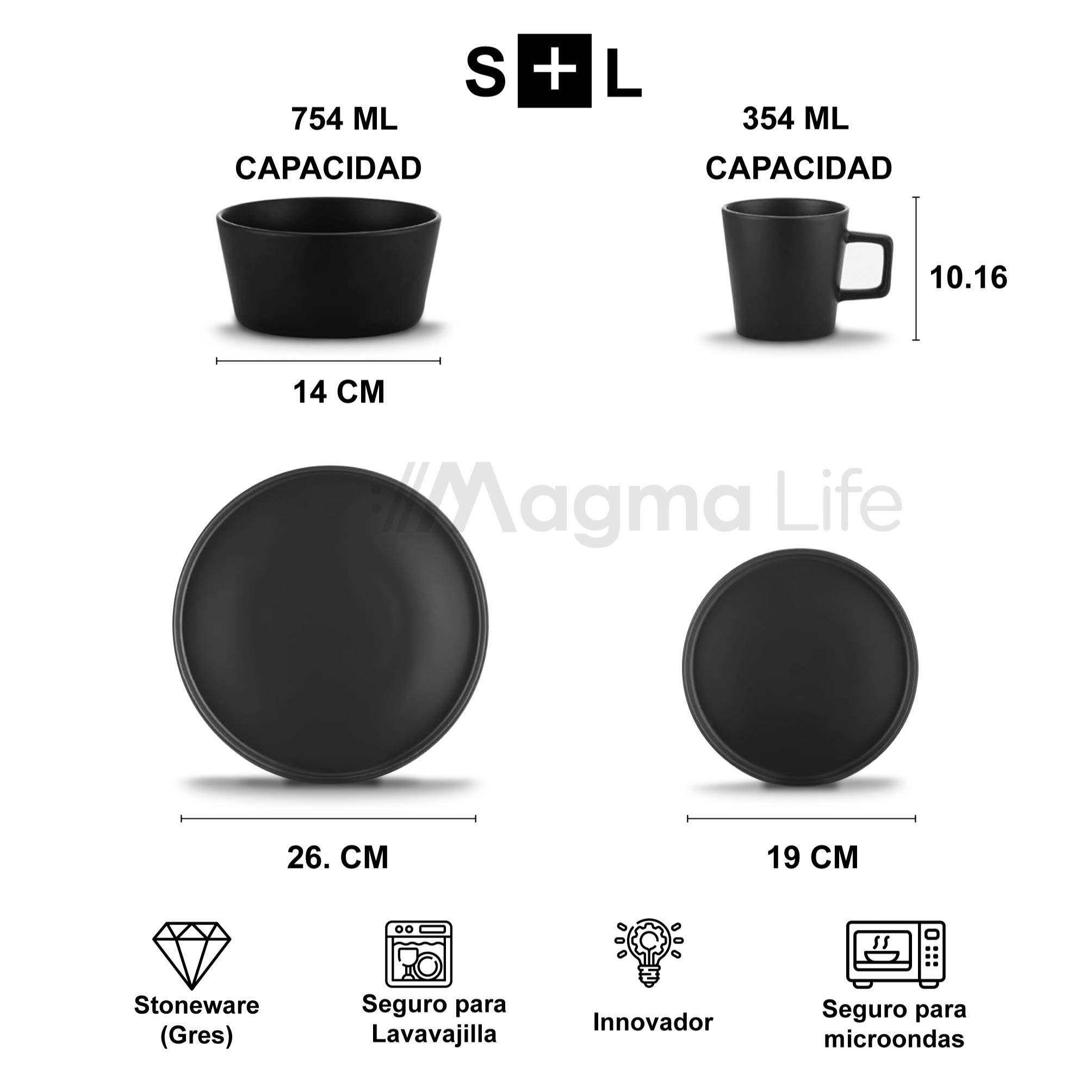 Foto 9 pulgar | Magma Life Vajilla Para 4 Personas Color Negro Ceramica/stoneware Elegante Y Modernos Set De 16 Pzas Con 8 Platos