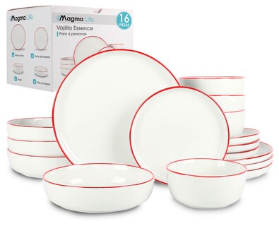 Foto 1 | Magma Life Vajilla Para 4 Personas De Ceramica/porcelana, 16 Pzs Resistente A Altas Temperaturas, (borde Rojo)