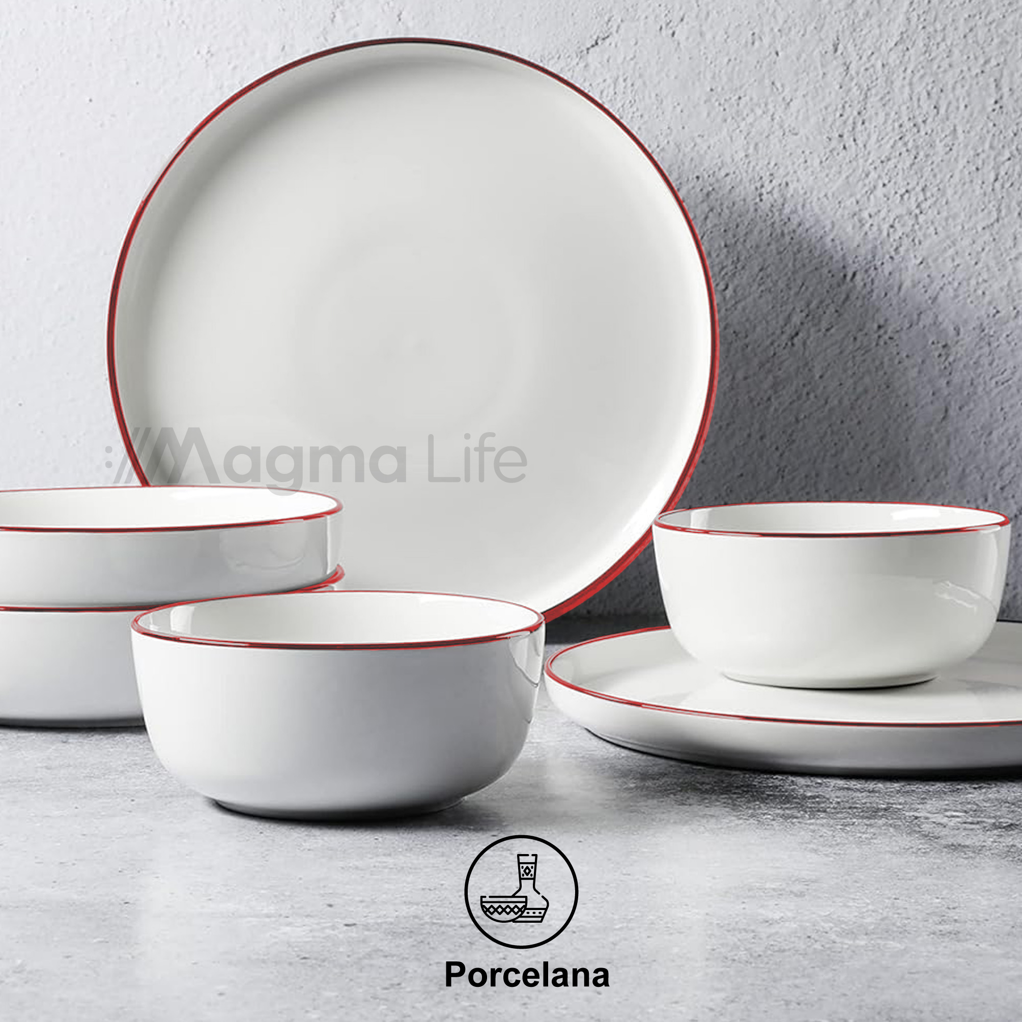 Foto 5 pulgar | Magma Life Vajilla Para 4 Personas De Ceramica/porcelana, 16 Pzs Resistente A Altas Temperaturas, (borde Rojo)