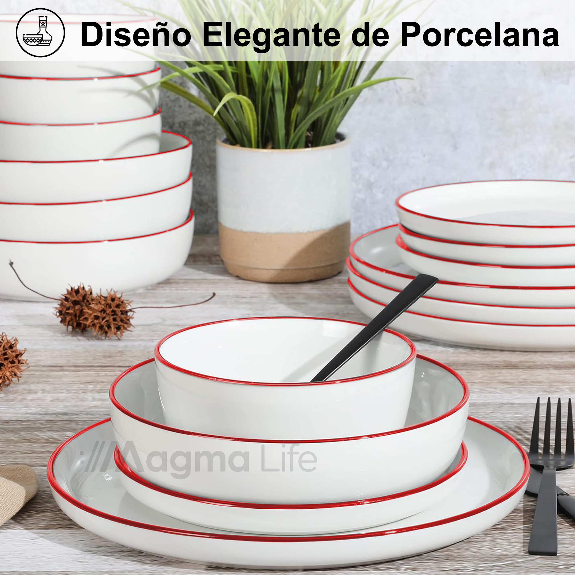 Foto 6 pulgar | Magma Life Vajilla Para 4 Personas De Ceramica/porcelana, 16 Pzs Resistente A Altas Temperaturas, (borde Rojo)