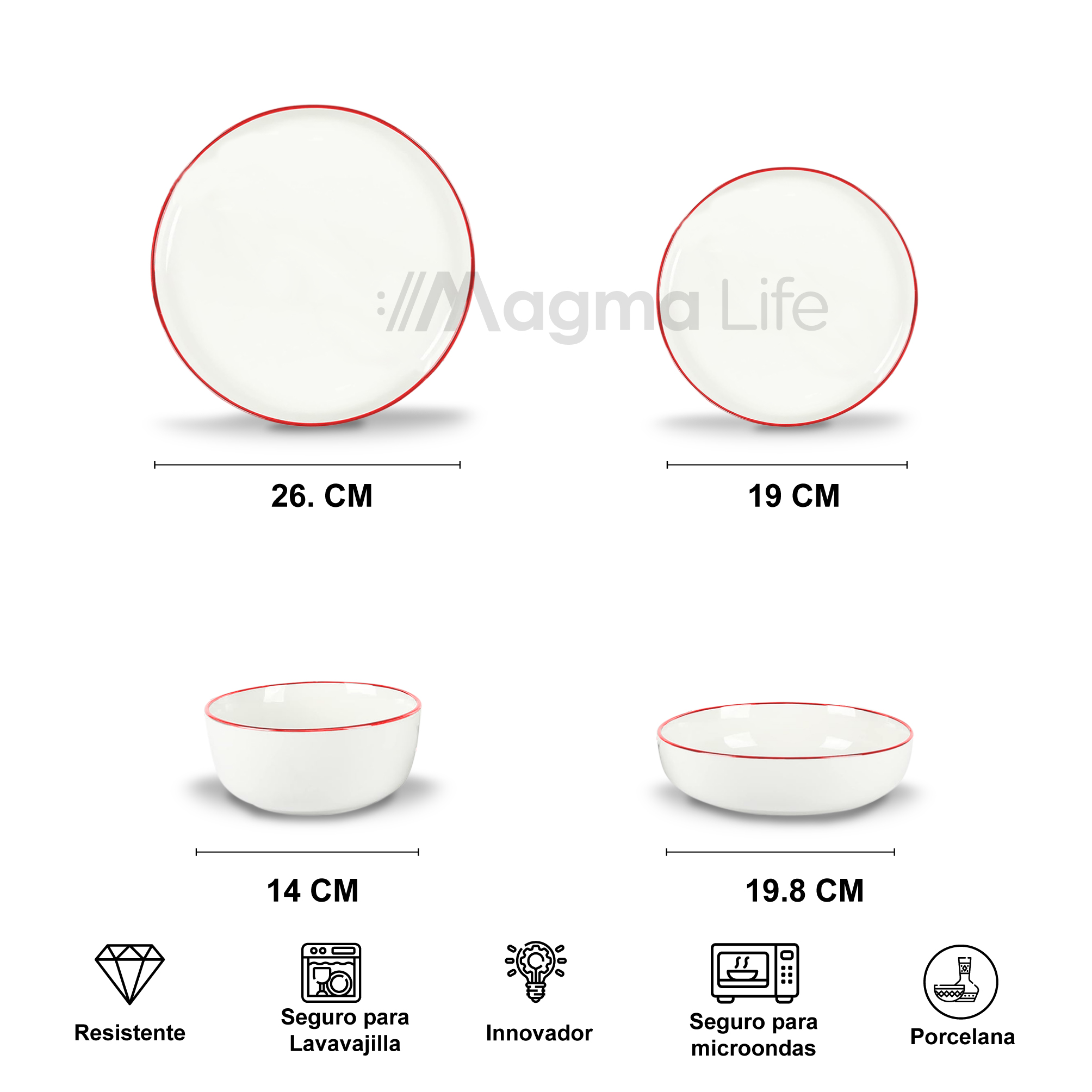 Foto 7 pulgar | Magma Life Vajilla Para 4 Personas De Ceramica/porcelana, 16 Pzs Resistente A Altas Temperaturas, (borde Rojo)