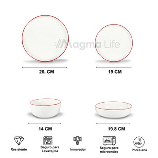 Foto 6 | Magma Life Vajilla Para 4 Personas De Ceramica/porcelana, 16 Pzs Resistente A Altas Temperaturas, (borde Rojo)