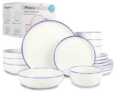 Foto 1 | Magma Life Vajilla Para 4 Personas Ceramica/porcelana, 16 Piezas. Clásica Y Atemporal (borde Azul)
