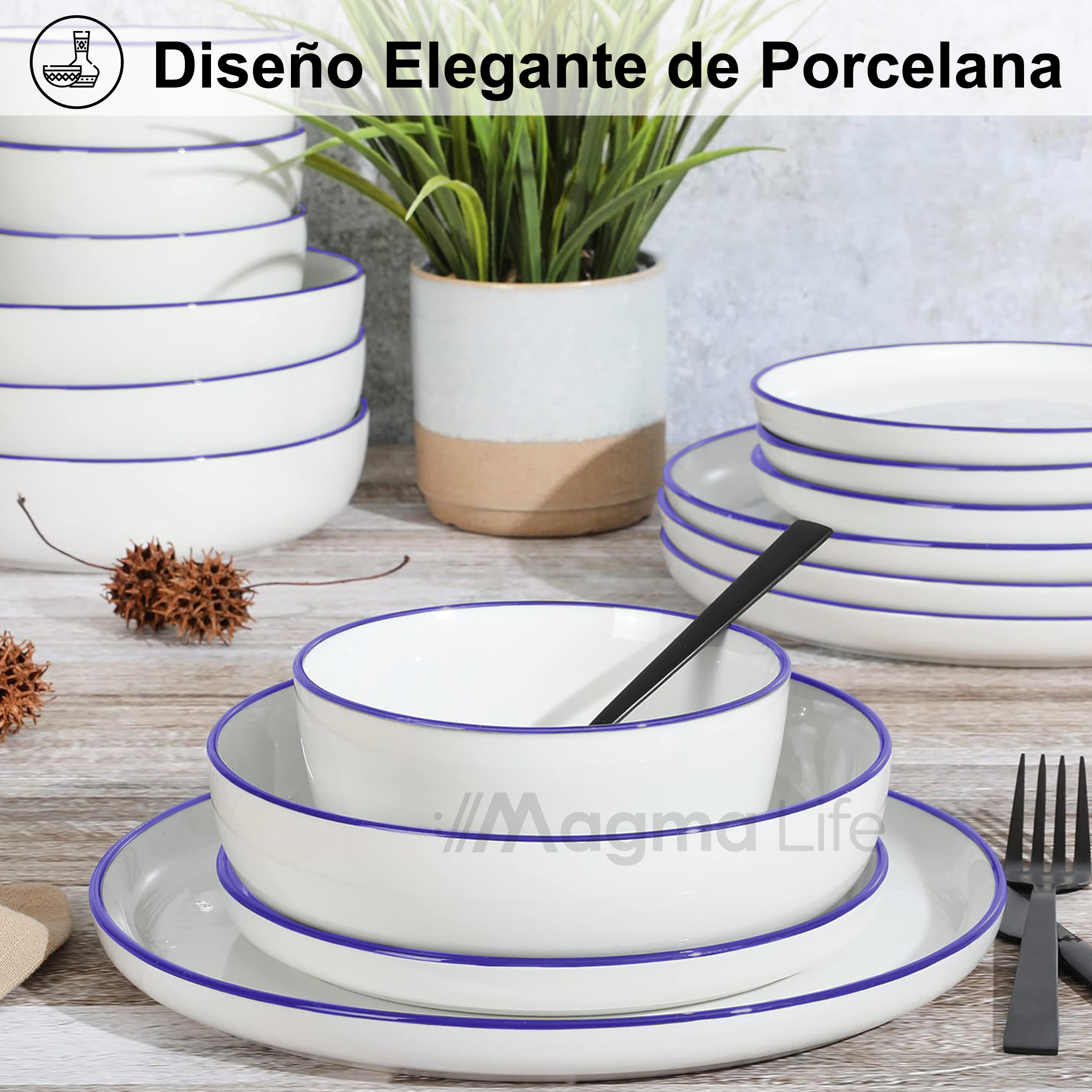 Foto 6 pulgar | Magma Life Vajilla Para 4 Personas Ceramica/porcelana, 16 Piezas. Clásica Y Atemporal (borde Azul)