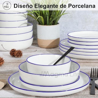 Foto 5 | Magma Life Vajilla Para 4 Personas Ceramica/porcelana, 16 Piezas. Clásica Y Atemporal (borde Azul)