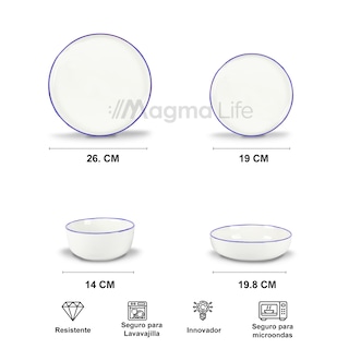 Foto 6 | Magma Life Vajilla Para 4 Personas Ceramica/porcelana, 16 Piezas. Clásica Y Atemporal (borde Azul)