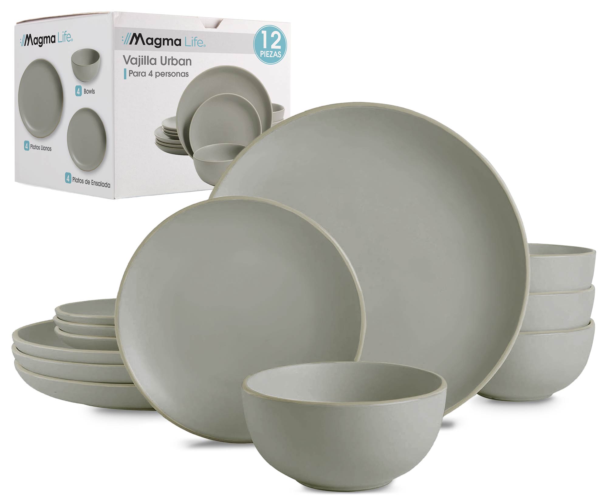 Foto 1 | Magma Life Vajilla Para 4 Personas De Stoneware, 12 Piezas: Resistente A Altas Temperaturas (gris Mate)
