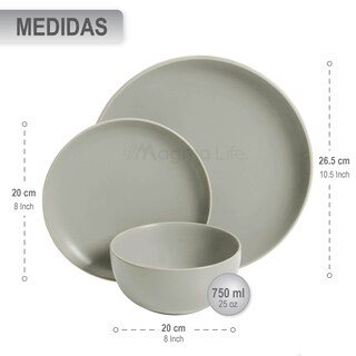 Foto 8 | Magma Life Vajilla Para 4 Personas De Stoneware, 12 Piezas: Resistente A Altas Temperaturas (gris Mate)