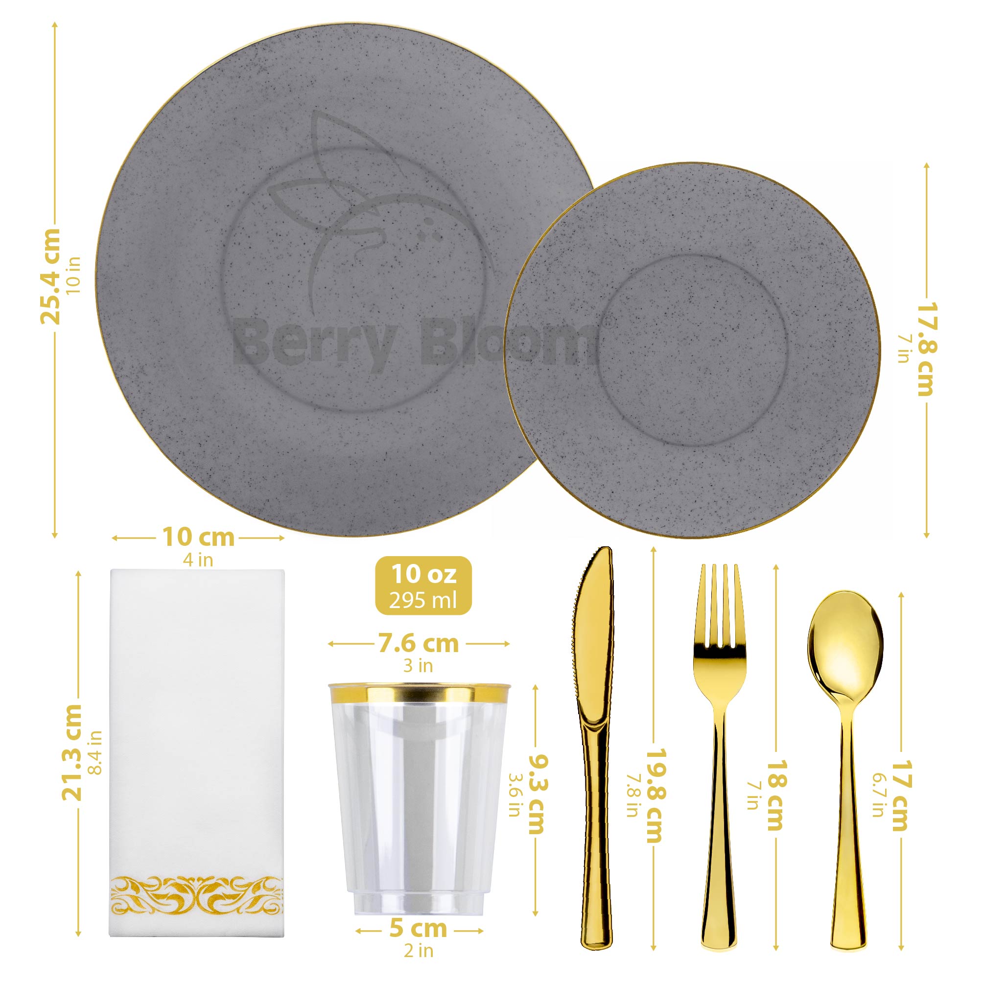 Foto 2 | Berry Bloom Vajilla Reutilizable Premium Color Gris 175pzs: Platos,vasos,cucharas, Tenedores,cuchillos Y Servilletas
