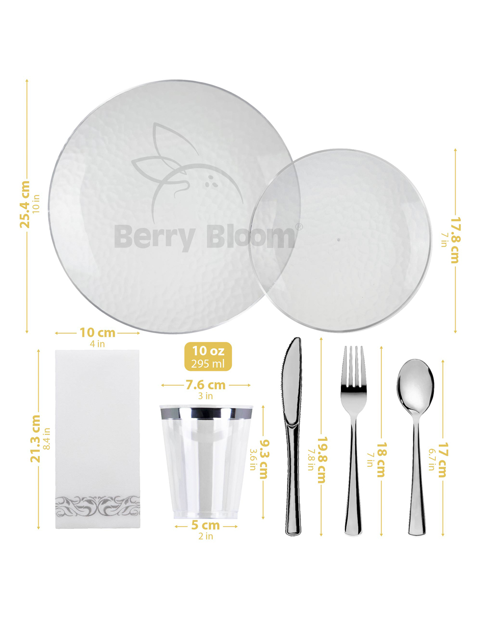 Foto 5 pulgar | Berry Bloom Vajilla Reutilizable Premium Transparente Con Plata 175 Pzs: Platos,vasos,cucharas, Tenedores,cuchil