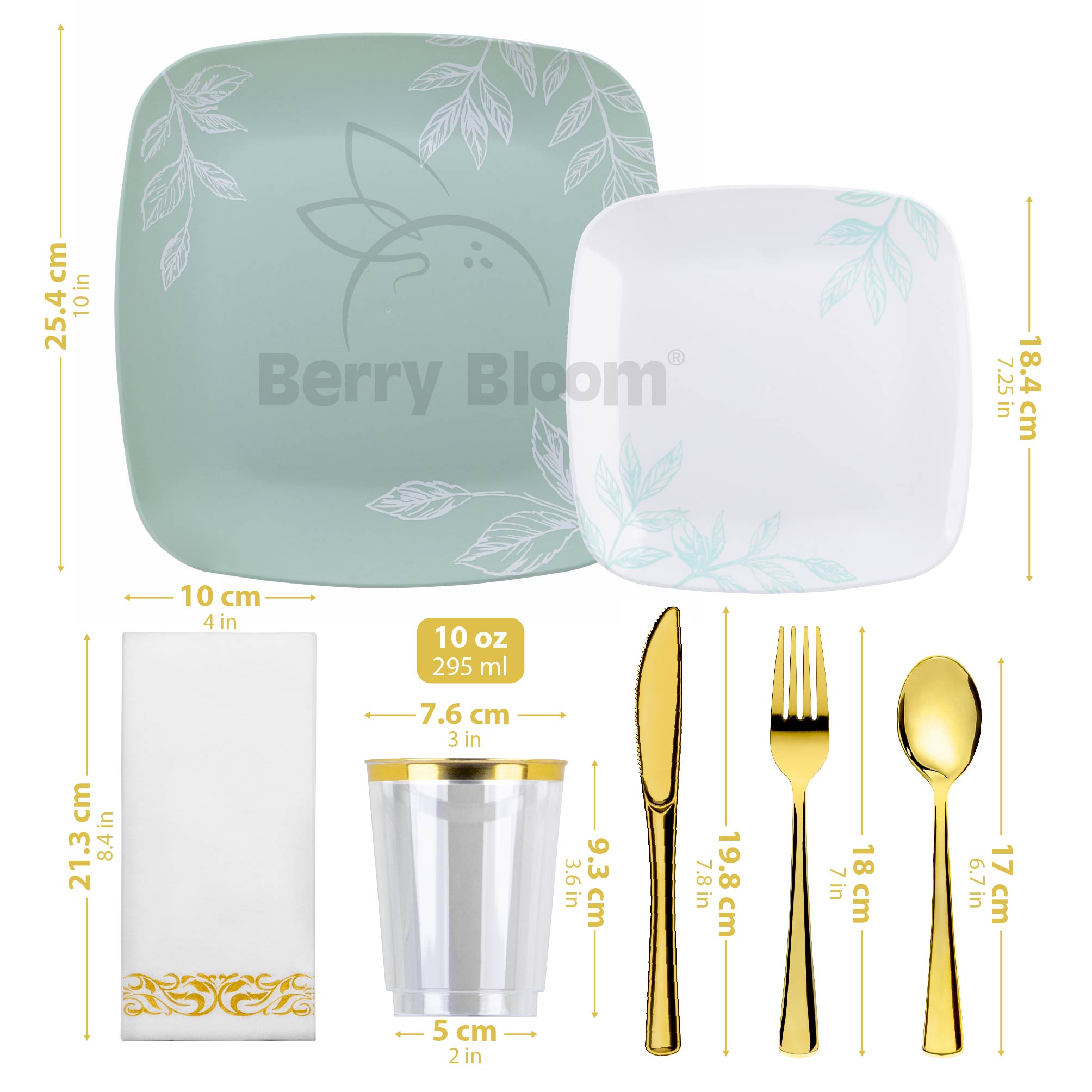 Foto 2 | Berry Bloom Vajilla Reutilizable Premium Color Verde Y Blanco 175 Pzs: Platos,vasos,cucharas, Tenedores,cuchillos