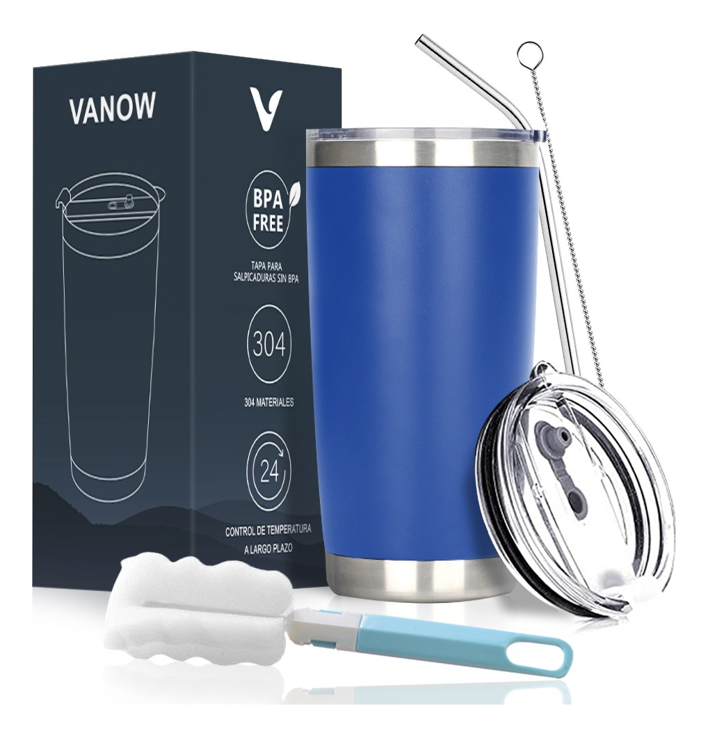 Vaso Térmico De 20oz Acero Inoxidable Con Popote y Cepillo Azul