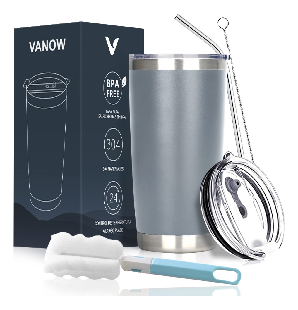 Foto 1 | Vaso Térmico De 20oz Acero Inoxidable Con Popote y Cepillo Gris