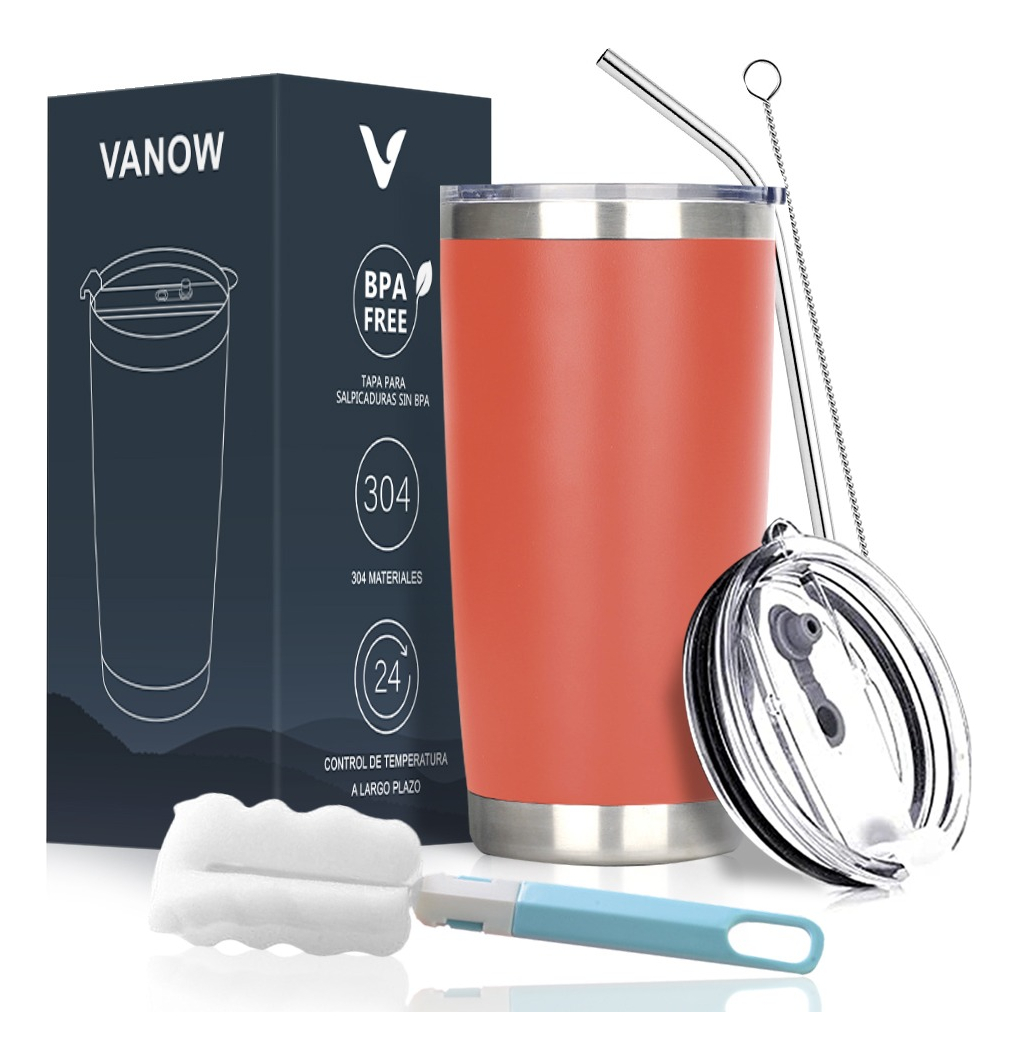 Vaso Térmico De 20oz Acero Inoxidable Con Popote y Cepillo Naranja