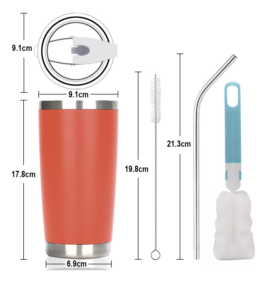 Foto 4 pulgar | Vaso Térmico De 20oz Acero Inoxidable Con Popote y Cepillo Naranja