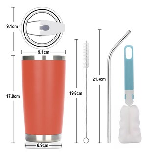 Foto 3 | Vaso Térmico De 20oz Acero Inoxidable Con Popote y Cepillo Naranja