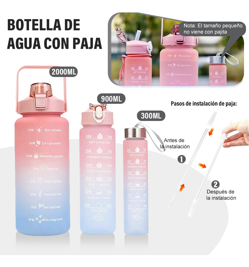 Foto 3 pulgar | Botella De Agua Deportiva Motivacional 2l+900ml+300ml, Rosa/azul