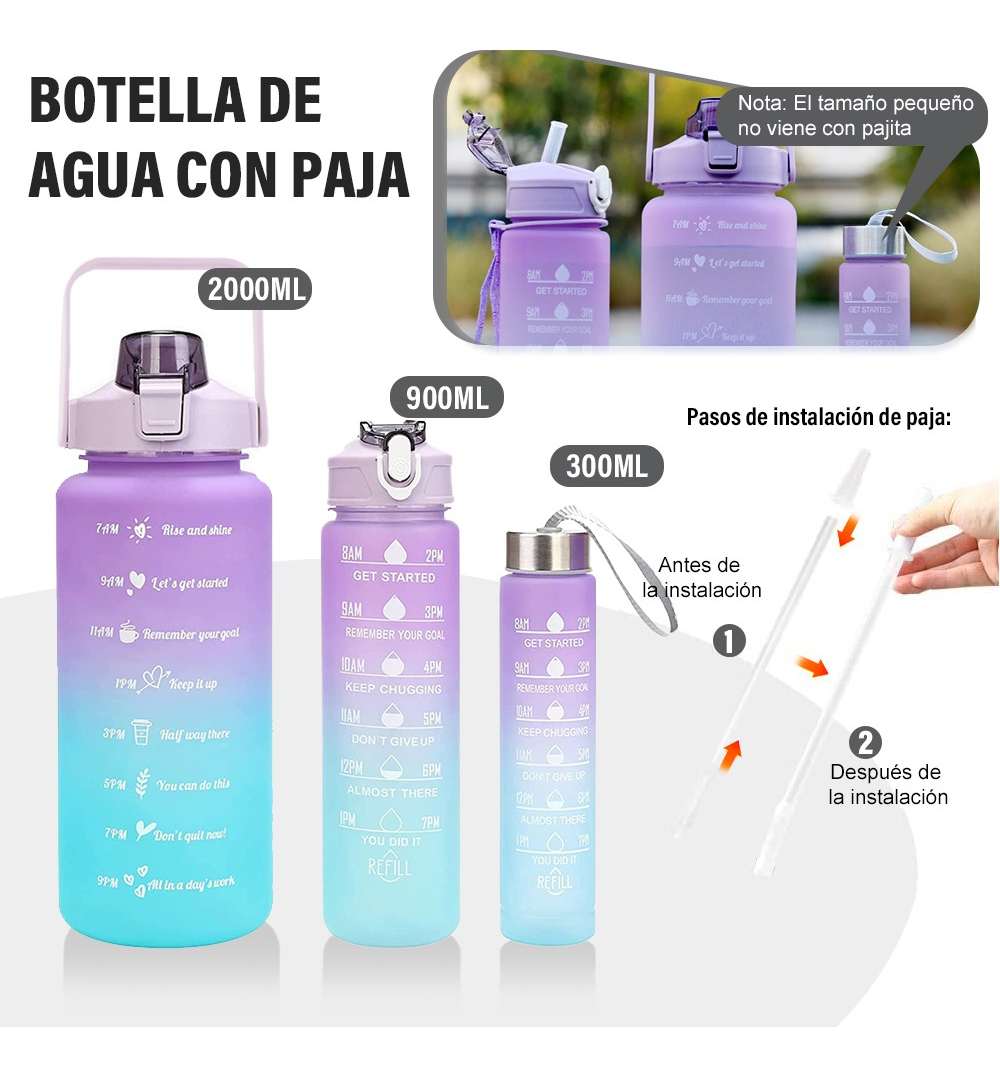 Foto 4 pulgar | Botella De Agua Deportiva Motivacional 2l+900ml+300ml, Púrpura/verde