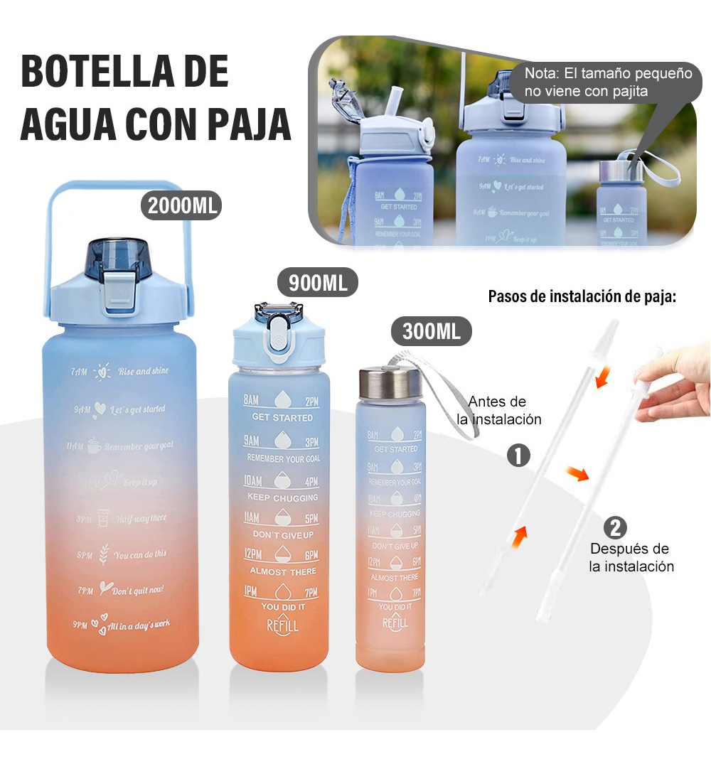 Foto 4 pulgar | Botella De Agua Deportiva Motivacional 2l+900ml+300ml, Azul/rosa