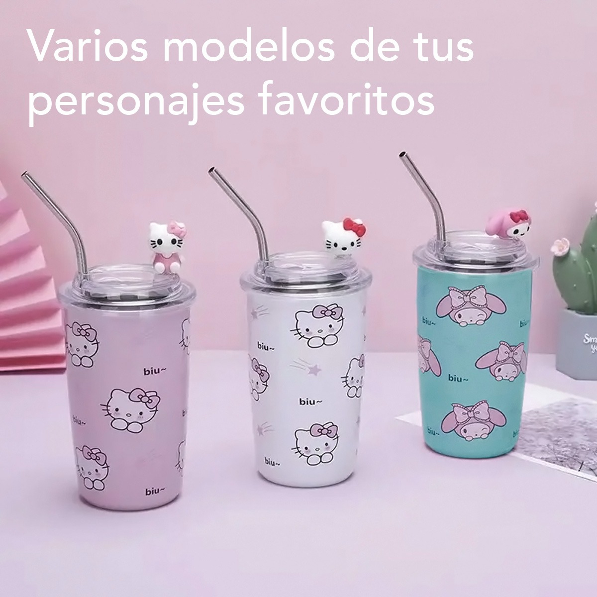 Foto 3 pulgar | Vaso Térmico con Popote Sanrio Hello Kitty Acero Inoxidable Rosa