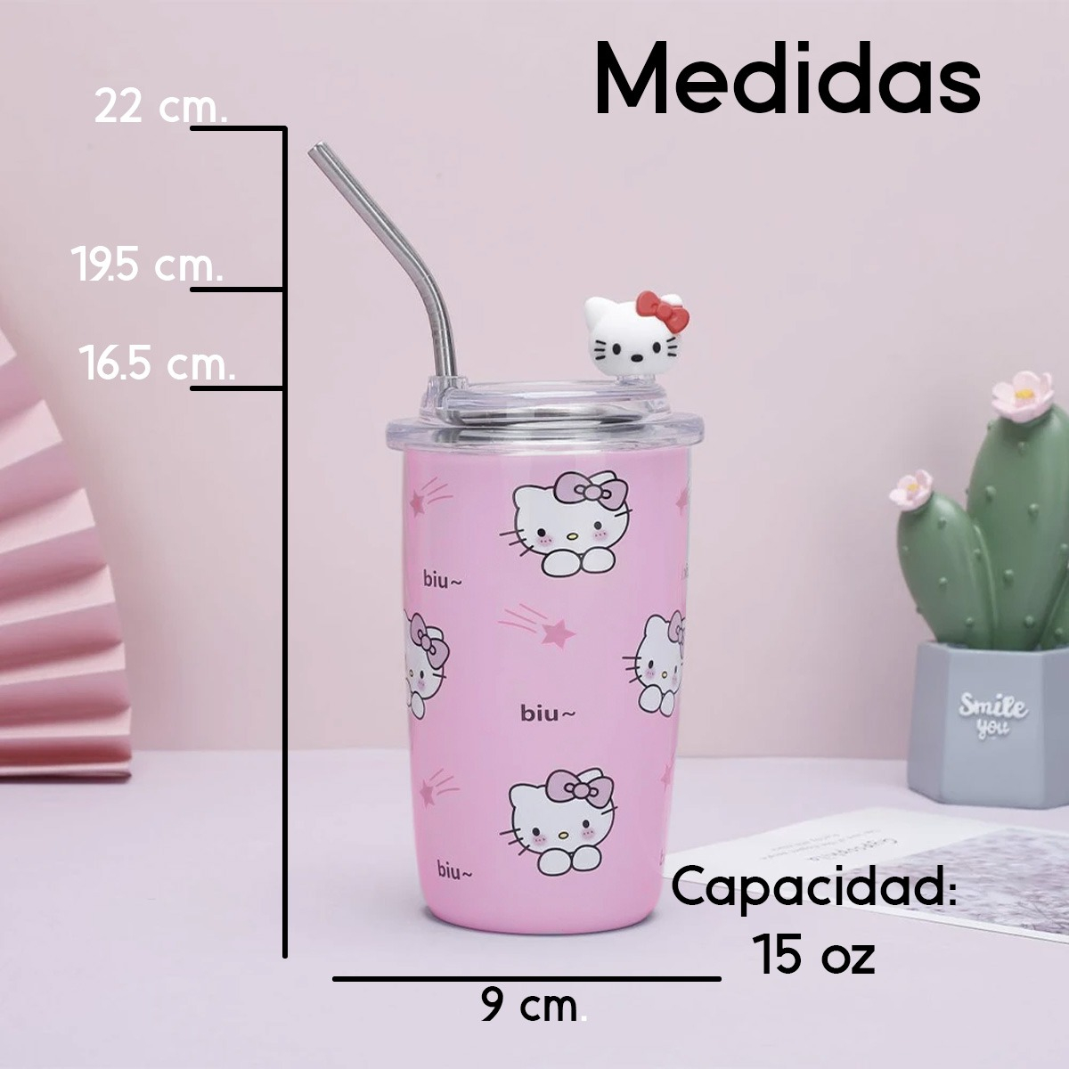 Foto 4 pulgar | Vaso Térmico con Popote Sanrio Hello Kitty Acero Inoxidable Rosa