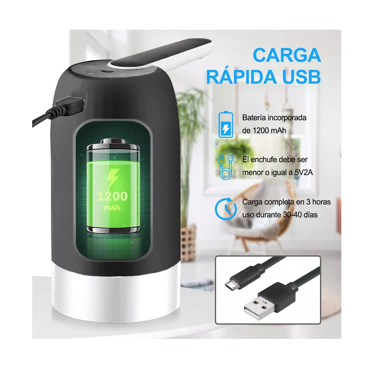 Foto 4 pulgar | Dispensador De Agua Eléctrico Recargable Usb Bomba De Agua Eo Safe Imports Esi-11633 Negro