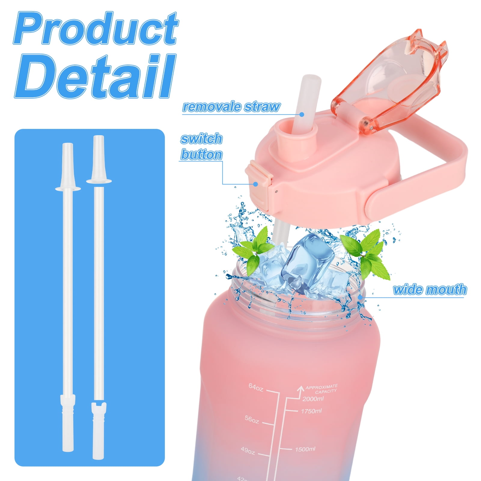 Foto 5 | Botella De Agua Abaima Inspires De Gran Capacidad Con 2 Pajitas, Color Rosa - Venta Internacional.