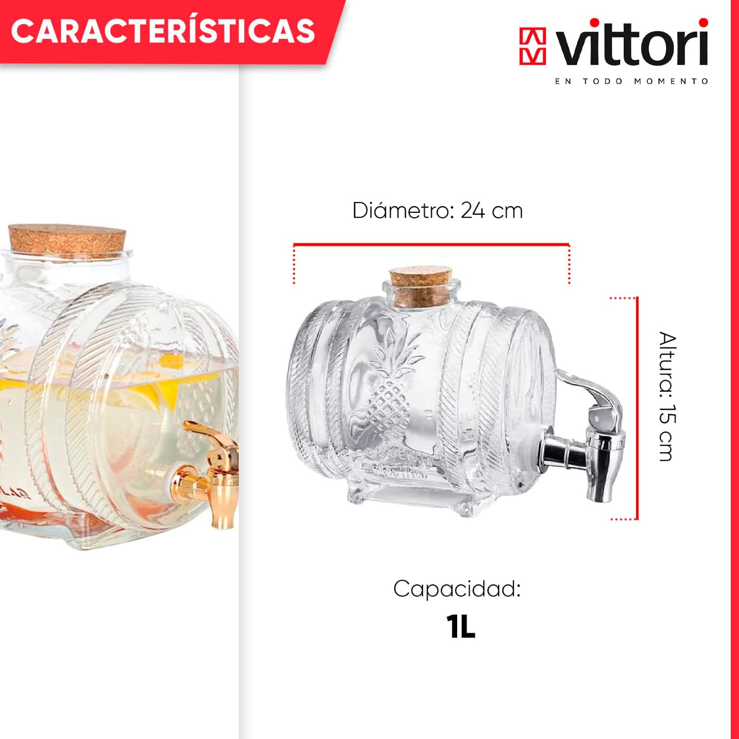 Foto 3 pulgar | Dispensador De Agua De Vidrio Vittori 1 Litro 10 Piezas