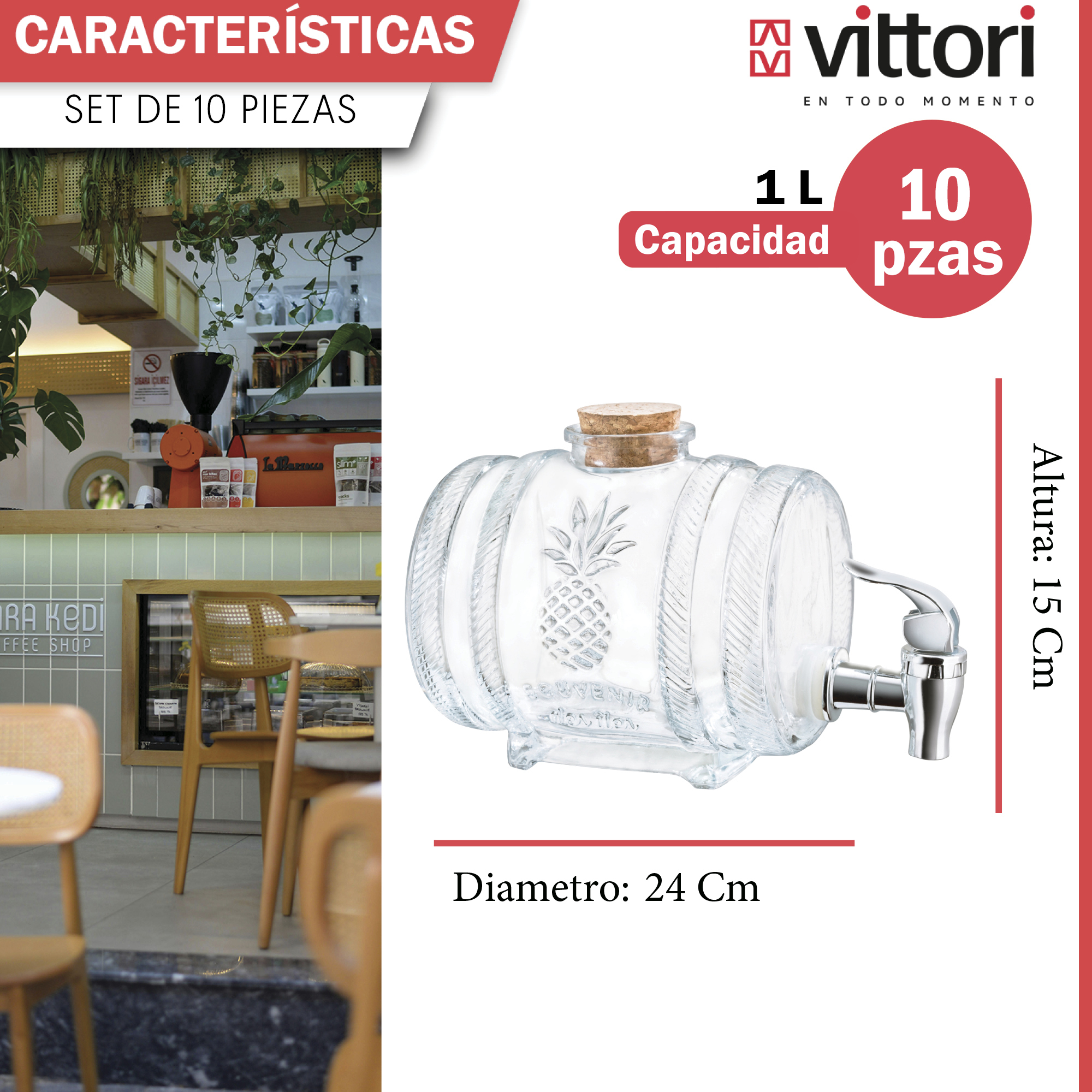 Foto 4 pulgar | Dispensador De Agua De Vidrio Vittori 1 Litro 10 Piezas