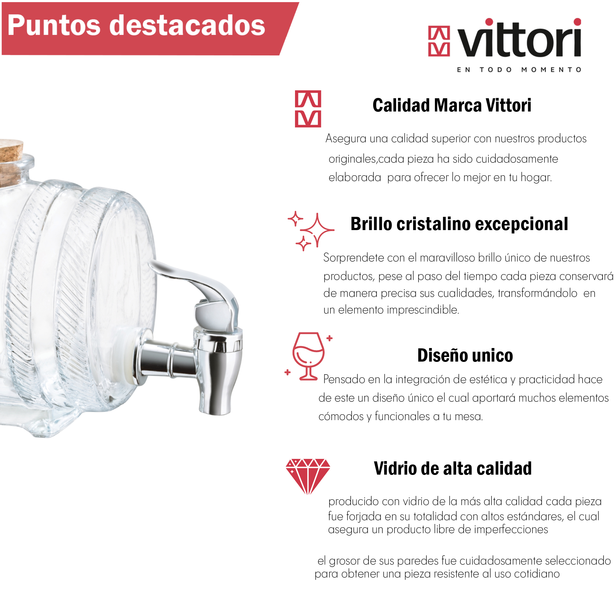 Foto 5 pulgar | Dispensador De Agua De Vidrio Vittori 1 Litro 10 Piezas
