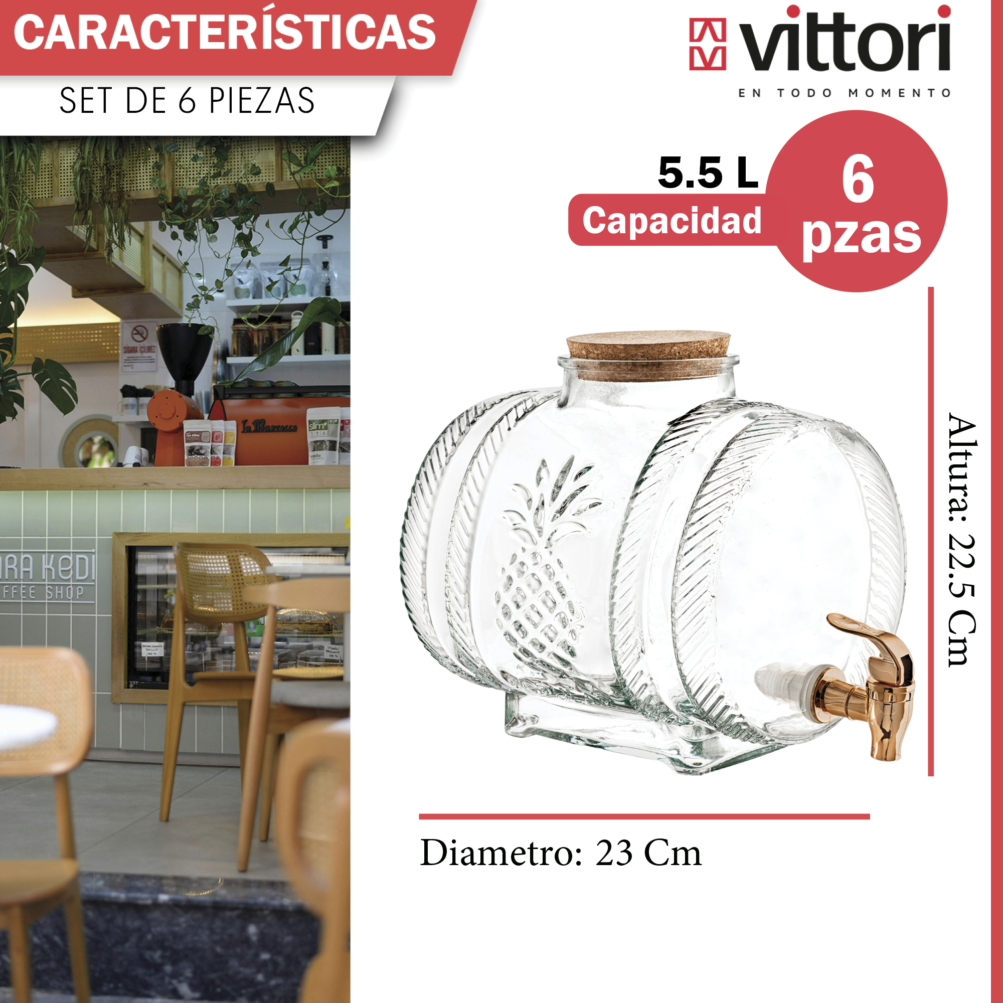 Foto 3 pulgar | Dispensador De Agua De Vidrio Con Corcho Vittori 5 Litros 6 Piezas