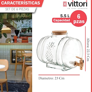 Foto 2 | Dispensador De Agua De Vidrio Con Corcho Vittori 5 Litros 6 Piezas