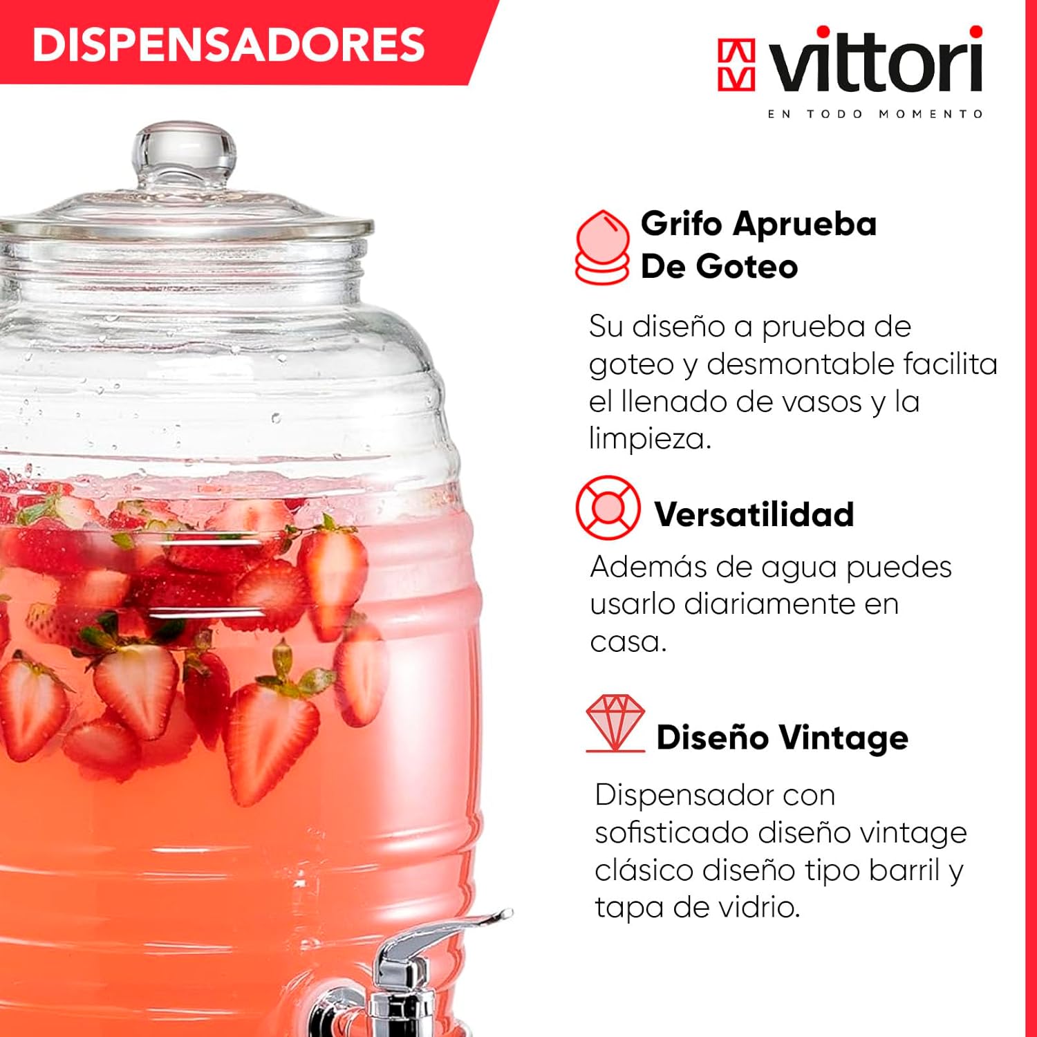 Foto 4 pulgar | Dispensador De Agua De Vidrio Con Tapa Vittori 10 Litros 2 Piezas