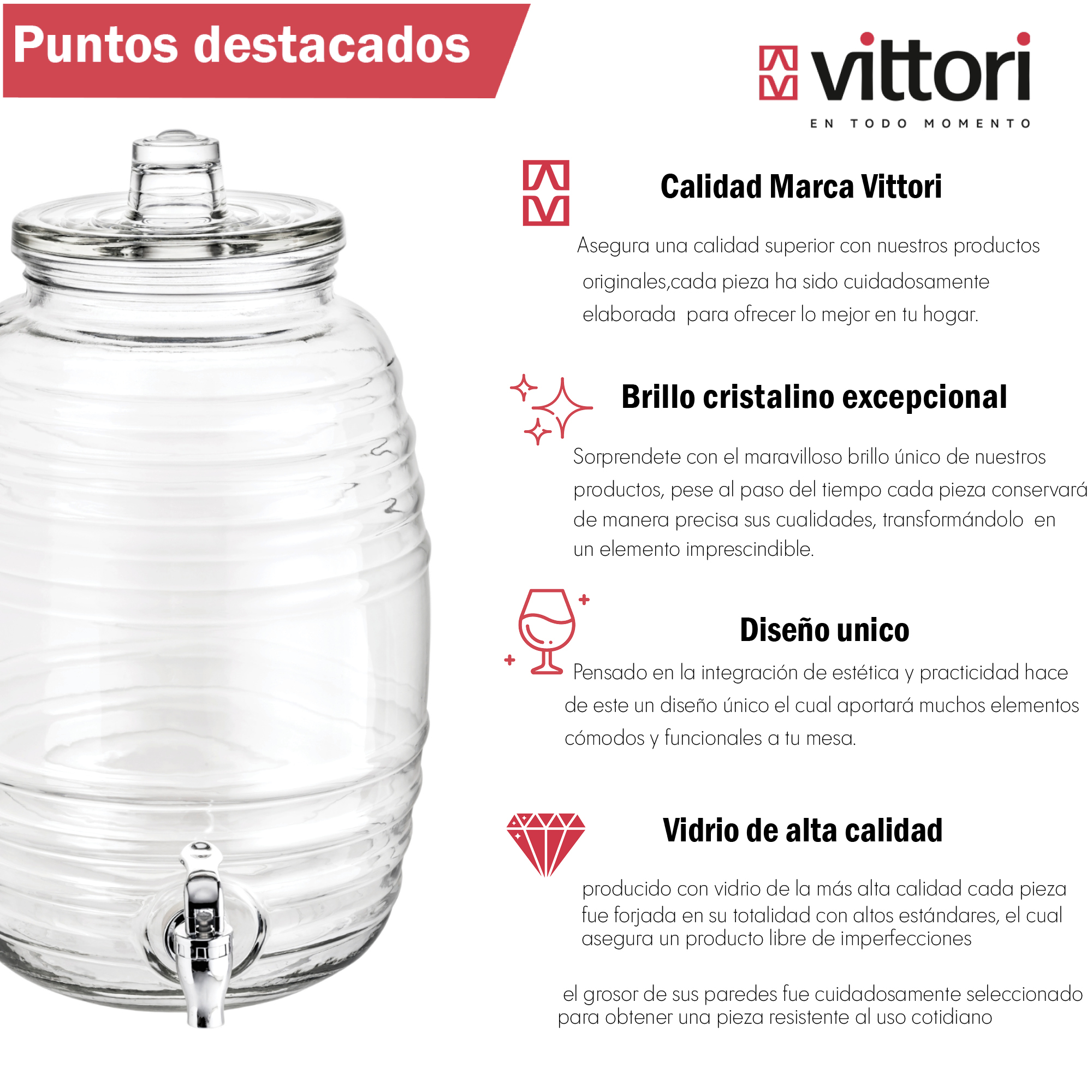 Foto 5 pulgar | Dispensador De Agua De Vidrio Con Tapa Vittori 10 Litros 2 Piezas