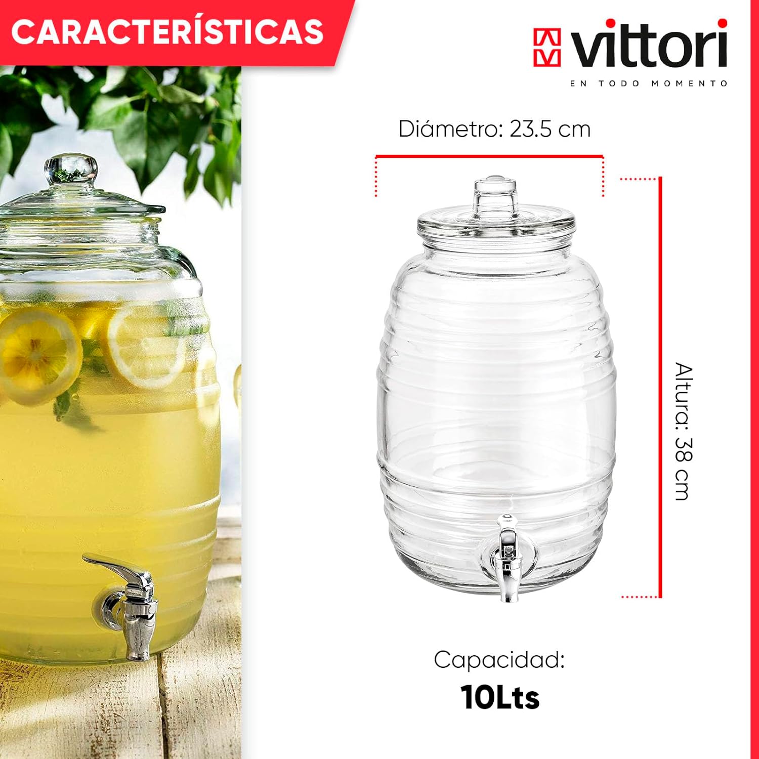 Foto 6 pulgar | Dispensador De Agua De Vidrio Con Tapa Vittori 10 Litros 2 Piezas
