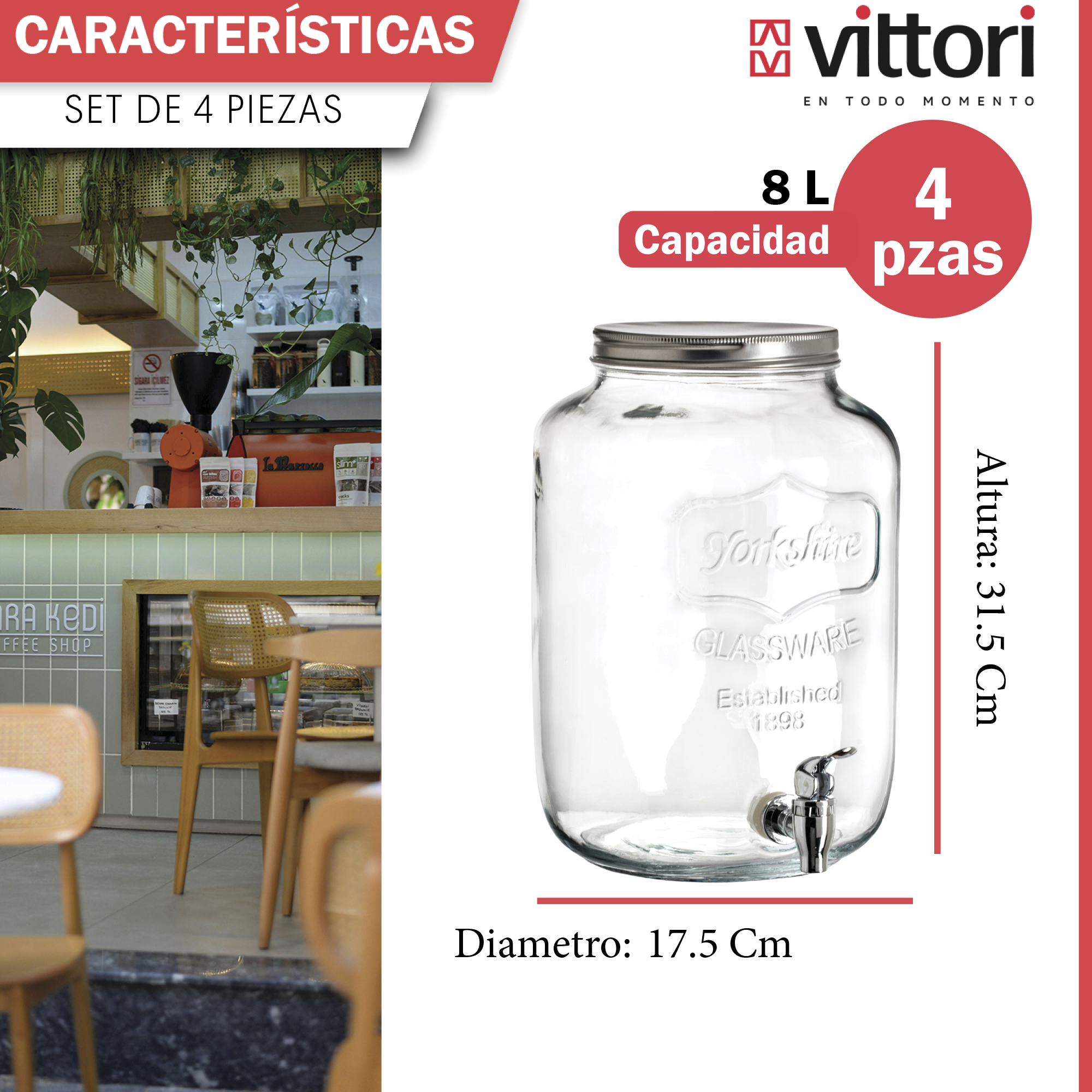 Foto 4 pulgar | Dispensador De Agua De Vidrio Vittori 4 Litros 4piezas