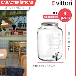 Foto 3 | Dispensador De Agua De Vidrio Vittori 4 Litros 4piezas