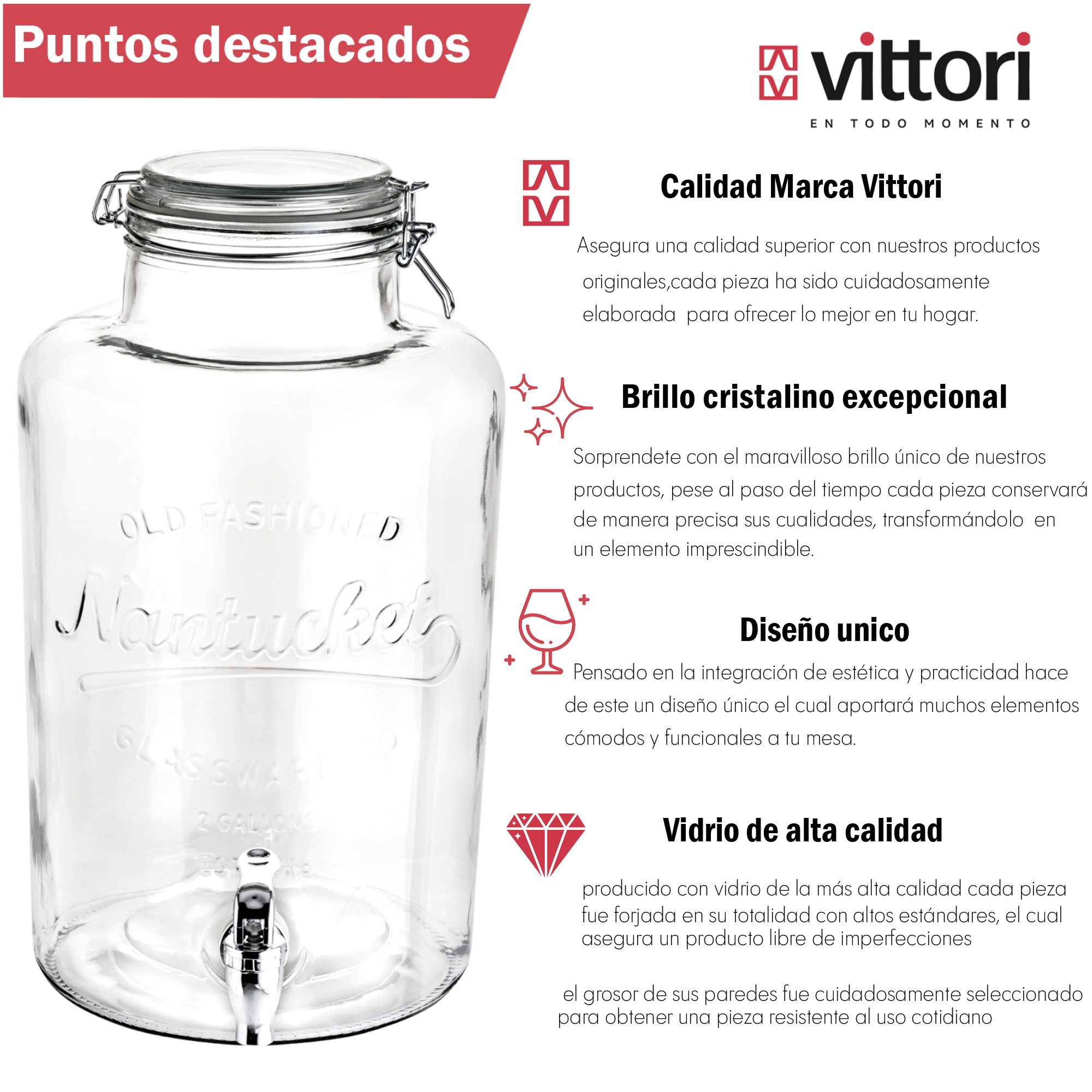 Foto 3 pulgar | Dispensador De Agua De Vidrio Con Tapa De Clip Vittori 8 Litros 4 Piezas