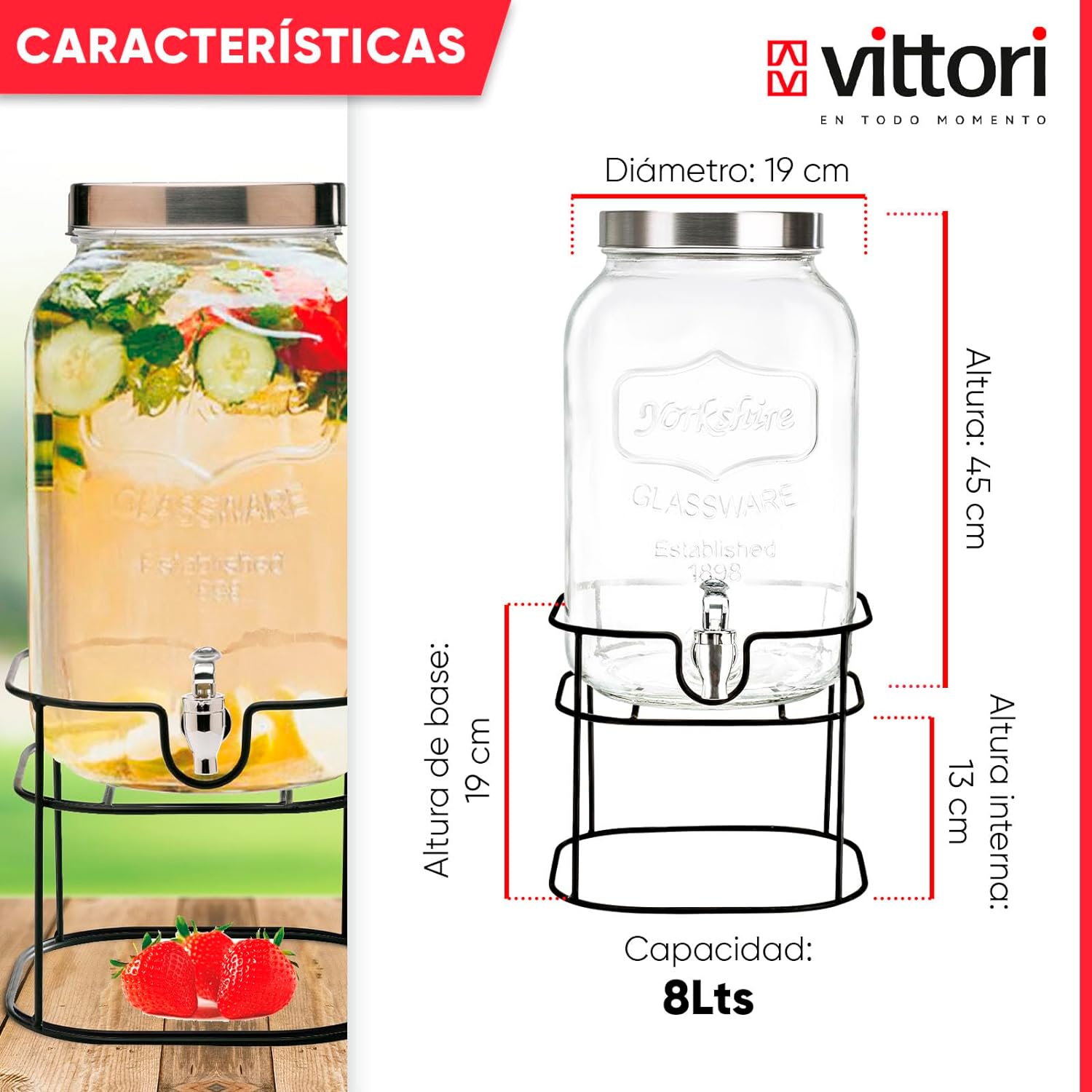 Foto 2 | Dispensador De Agua De Vidrio Vittori 8 Litros 4 Piezas Con Base