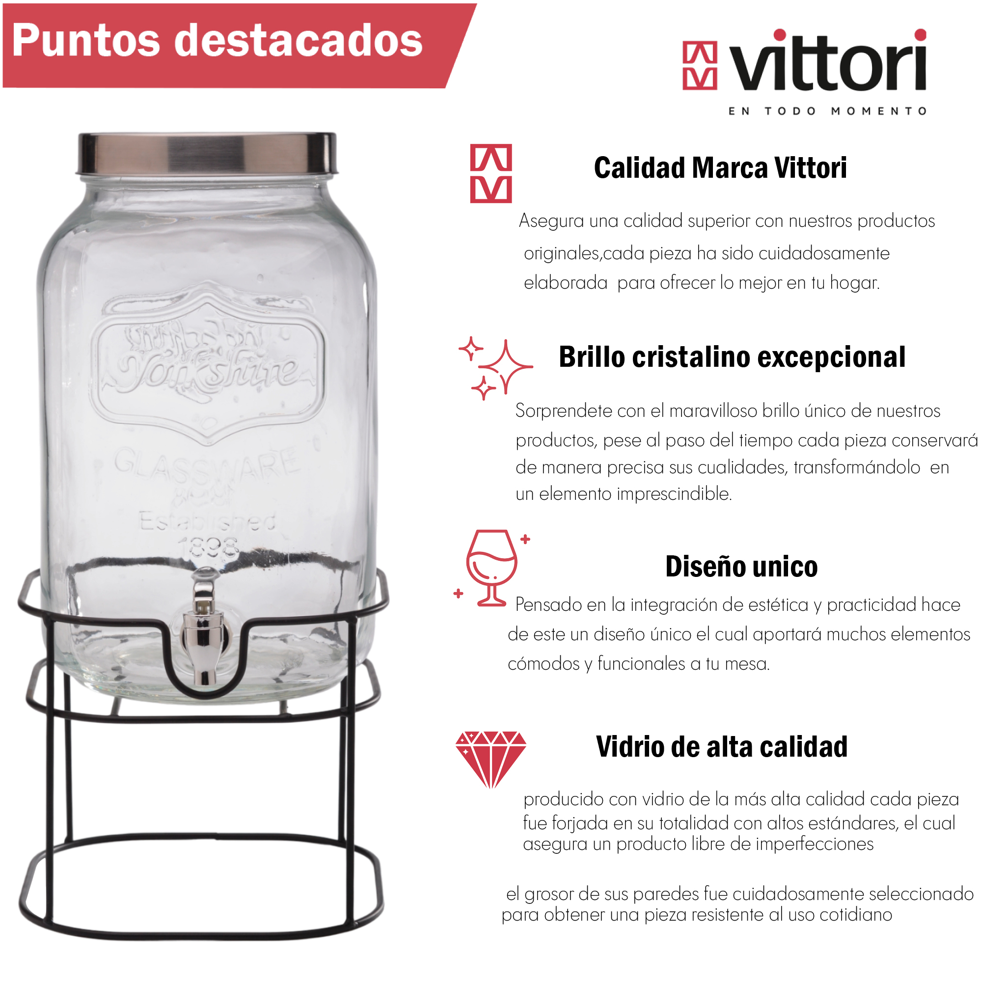 Foto 5 pulgar | Dispensador De Agua De Vidrio Vittori 8 Litros 4 Piezas Con Base