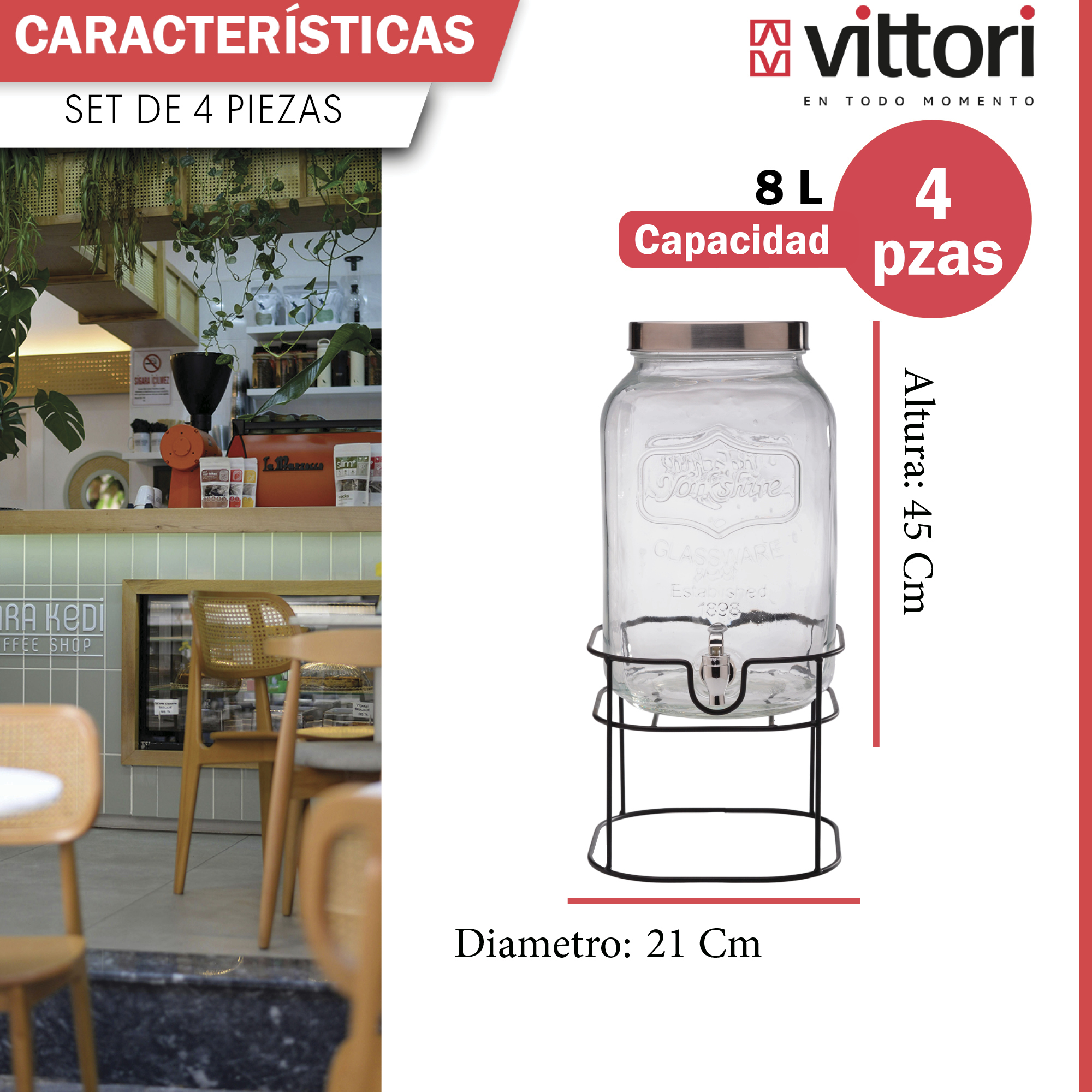Foto 6 pulgar | Dispensador De Agua De Vidrio Vittori 8 Litros 4 Piezas Con Base